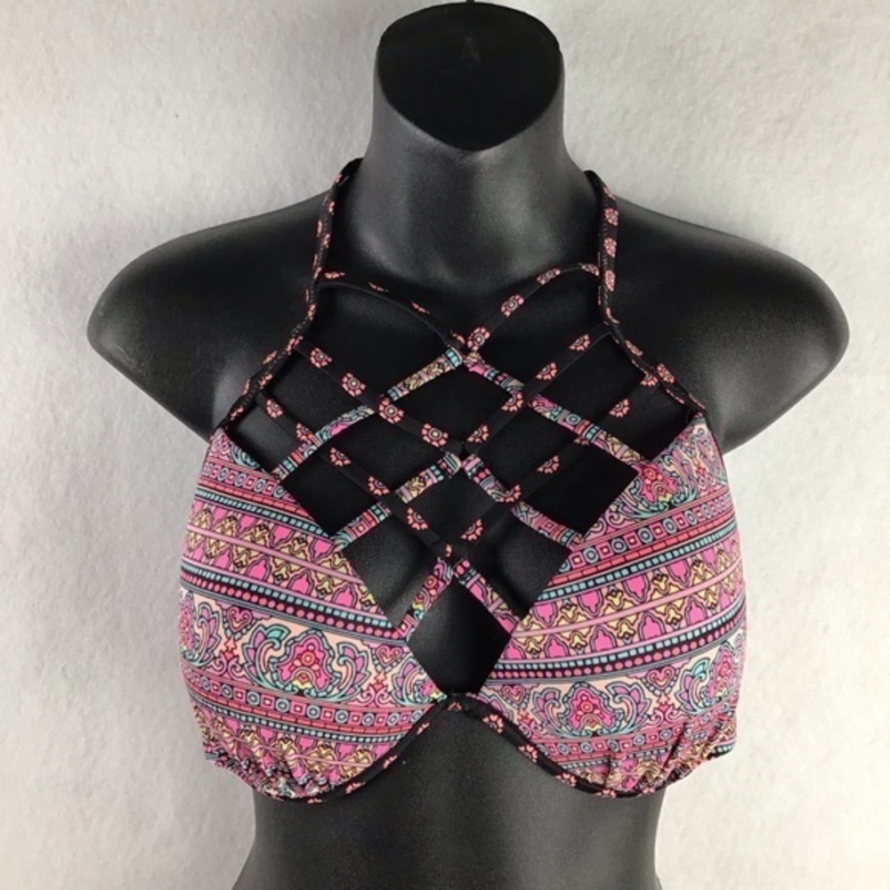 Shade & Shore Floral Pink and Black High Neck Under Wire  Padded Bikini Top